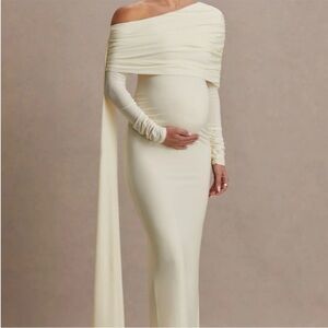 Chic Off-Shoulder Cream Maternity Maxi Dress